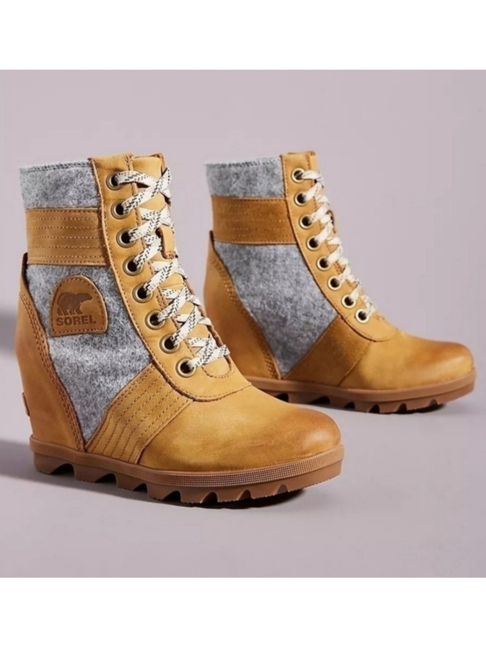 Sorel Lexie Camel‎ Tan Leather Gray Fleece Wedge Lace Up Burnished Ankle Boots